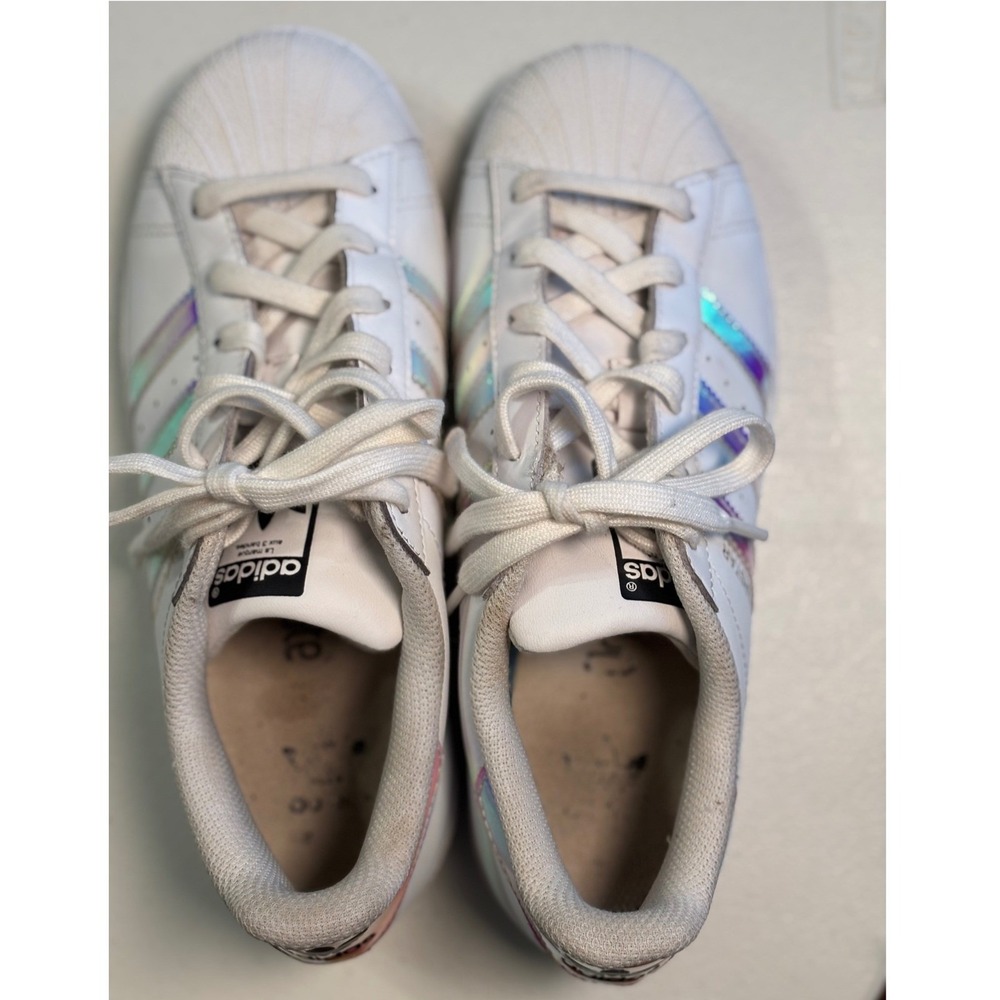Adidas Superstar Iridescent Stripes White Sneakers Size 4.5 Youth Girl Shoes - Picture 2 of 13
